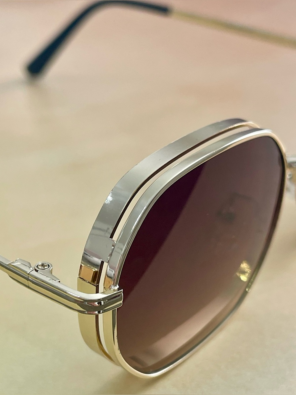 Free People Gold Doble Frame Brown Lens Square-Rounded Sunglasses - Picture 6 of 13